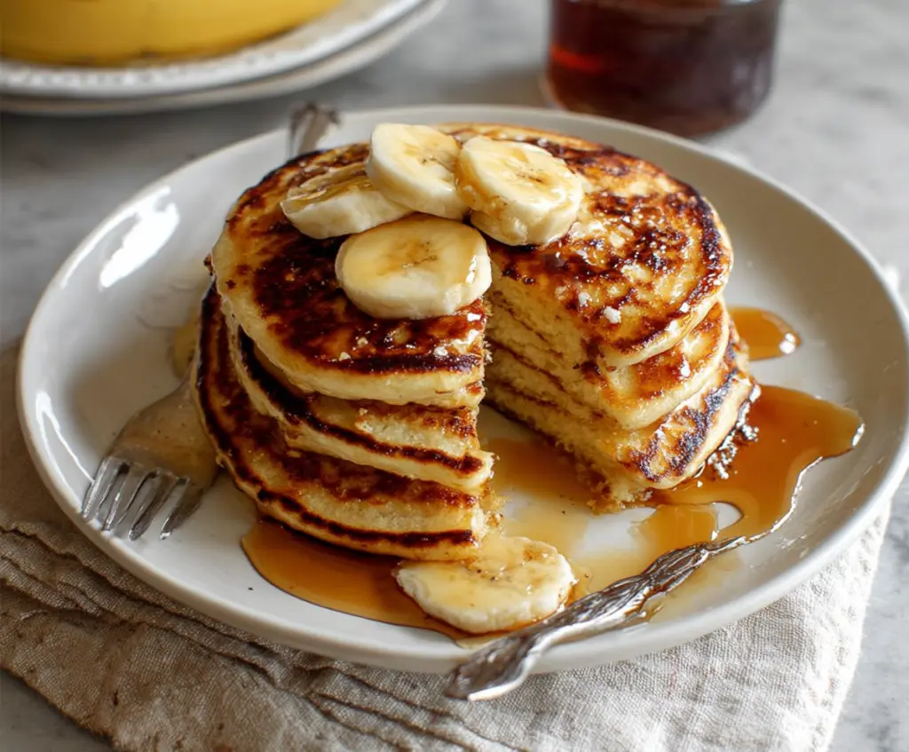 Fluffy banana yogurt pancakes served with fresh fruit and maple syrup on a breakfast plate.