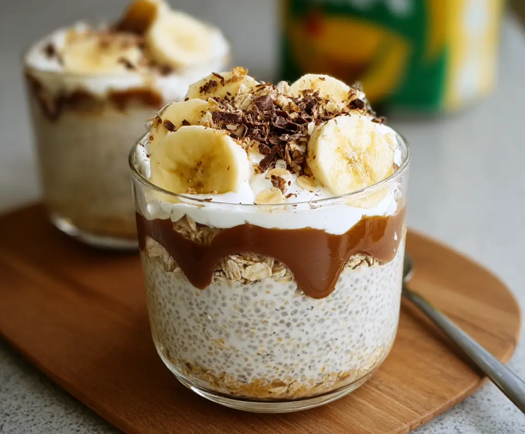 Banoffee Pie Overnight Oats topped with banana slices and caramel sauce for a delicious breakfast treat