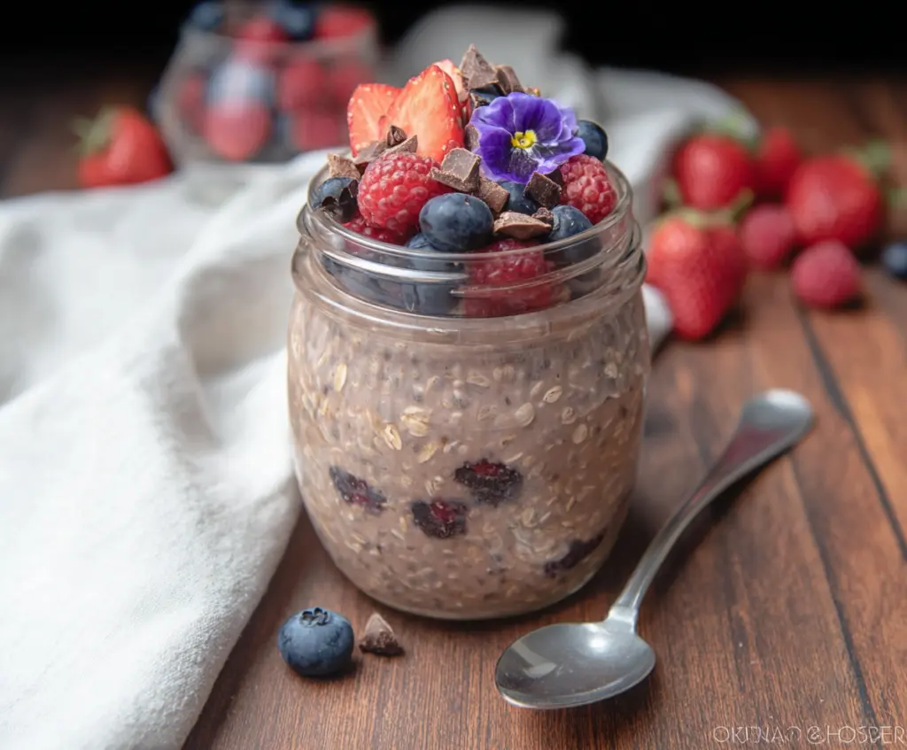 Creamy Berry Chocolate Overnight Oats in a glass jar with fresh mixed berries and chocolate shavings