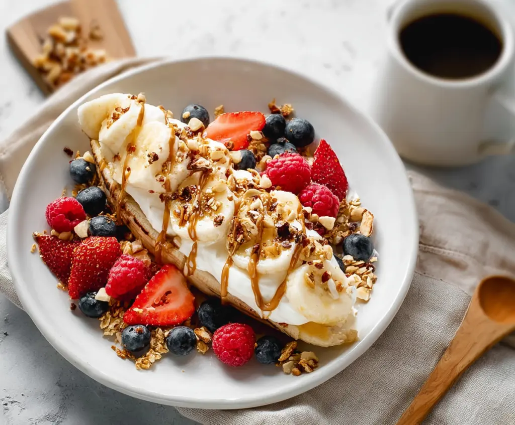 Delicious breakfast banana split with fresh bananas, yogurt, and toppings on a plate.