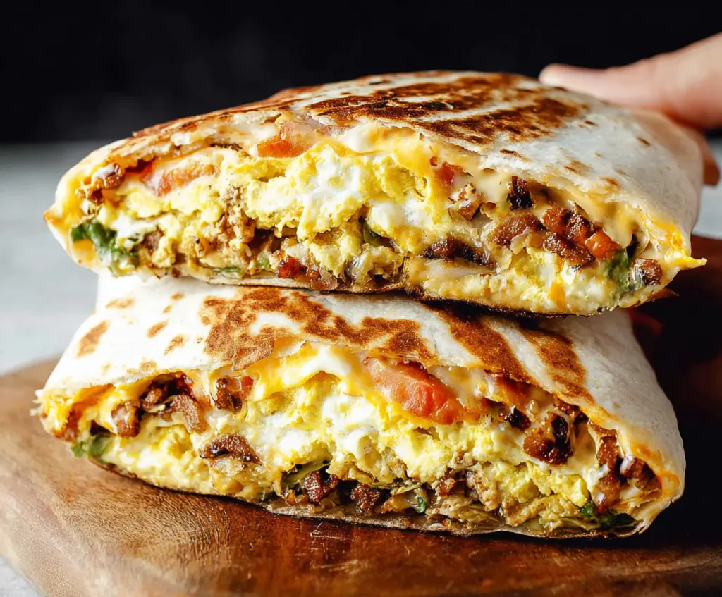 Delicious Breakfast Crunchwrap filled with scrambled eggs, crispy bacon, and melted cheese