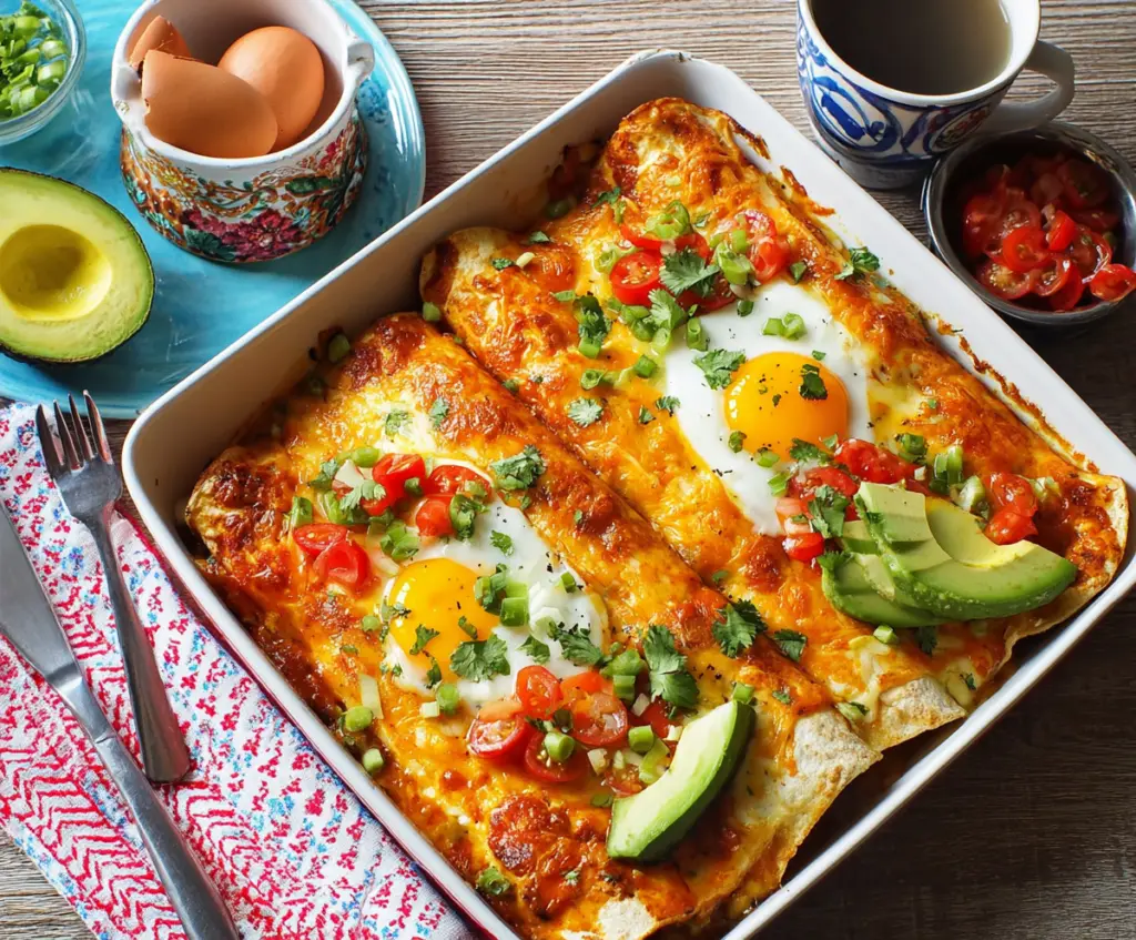 Delicious breakfast enchiladas filled with eggs, cheese, and salsa served on a plate.