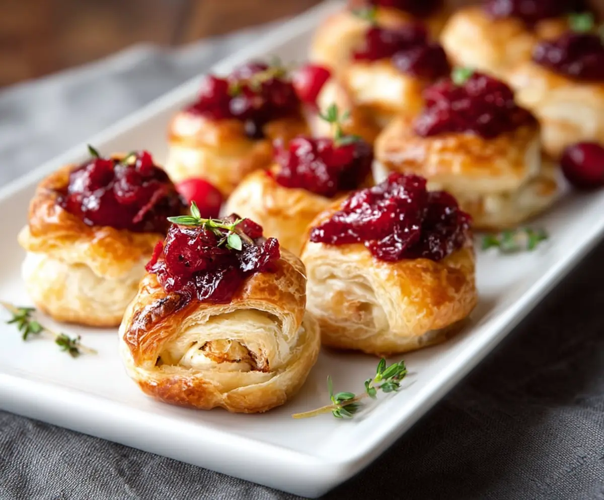 Delicious Brie and Cranberry Puffs served as an appetizer with crispy, golden pastry and vibrant cranberry filling.