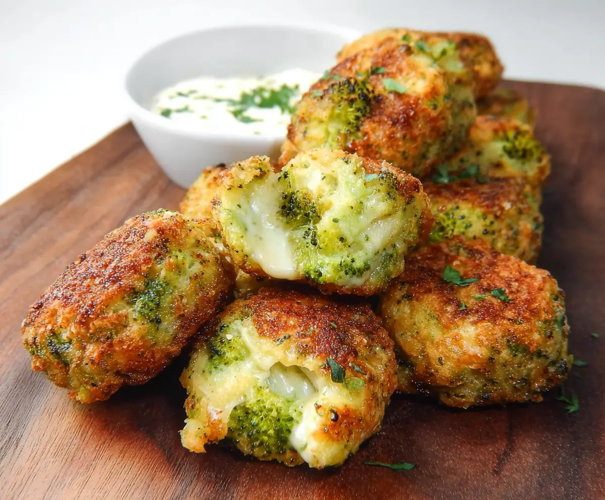 Delicious broccoli cheese bites garnished with fresh herbs on a white plate.