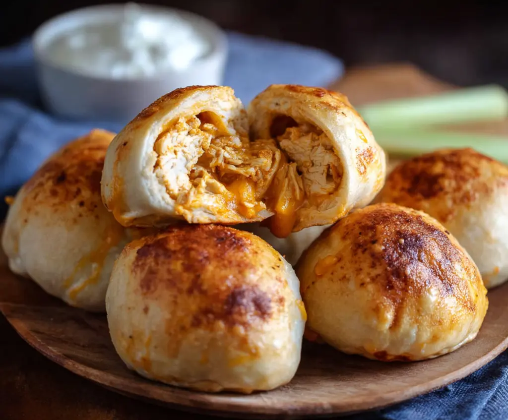Delicious Buffalo Chicken Bombs filled with spicy shredded chicken and melted cheese, perfect for game day snacks.