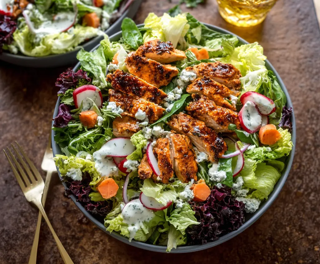 Creamy Buffalo Ranch Chicken Salad with fresh greens and crispy toppings