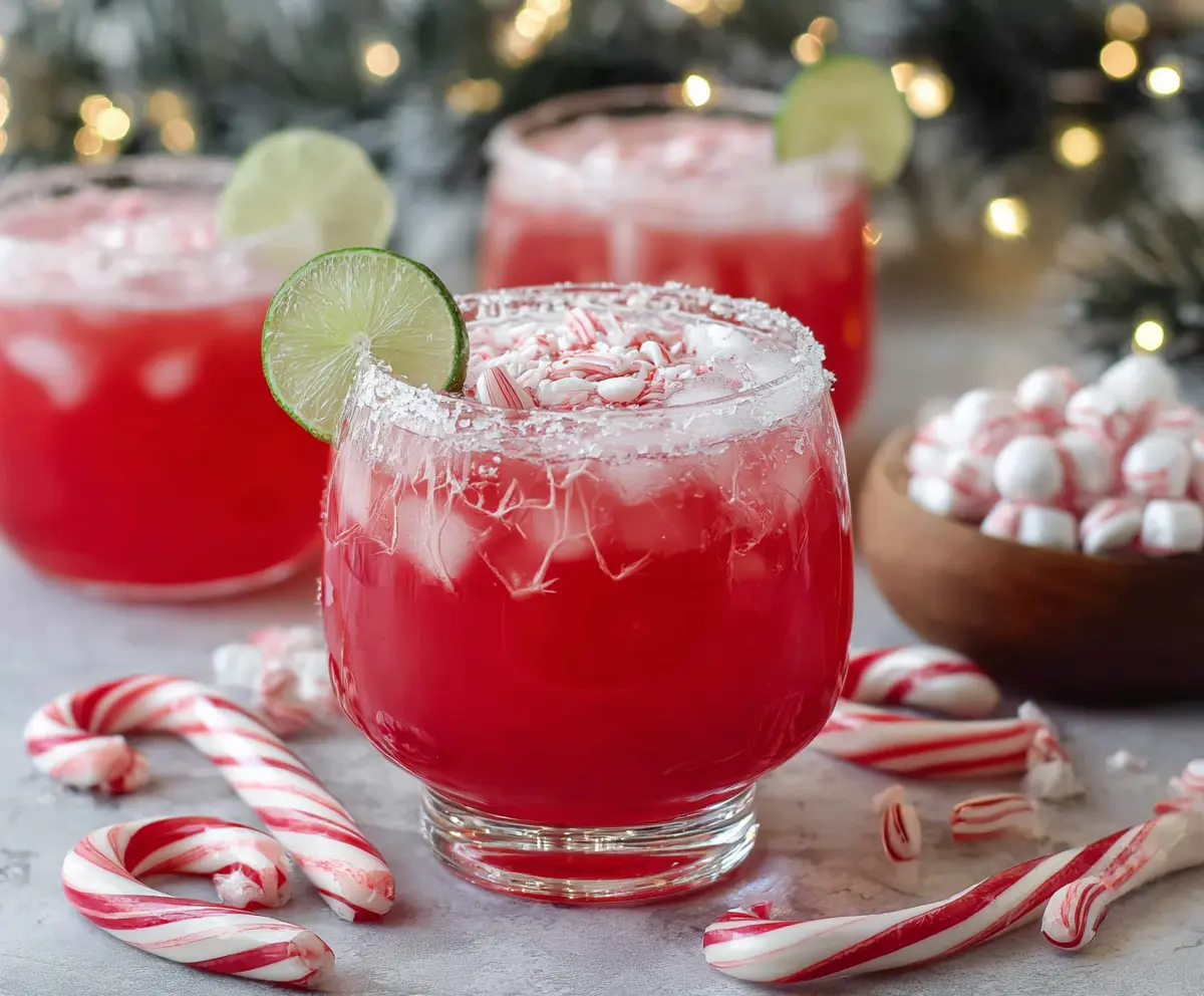 Festive Candy Cane Punch Mocktail served in a clear glass with colorful candy canes and holiday sprinkles.