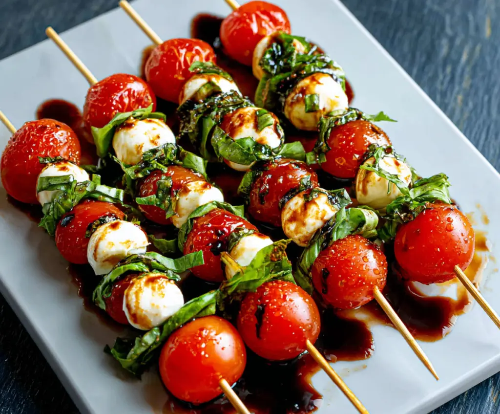 Delicious Caprese skewers with fresh mozzarella, cherry tomatoes, and basil on wooden sticks perfect for appetizers.