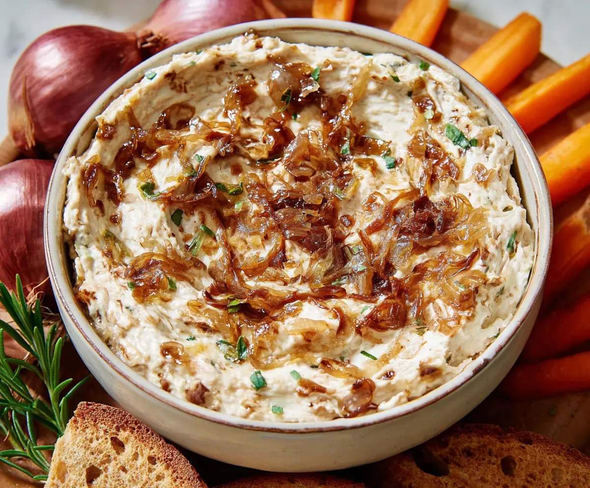 Creamy caramelized onion dip served with chips, perfect for parties and gatherings