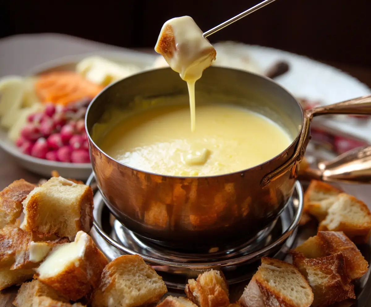 Delicious cheese fondue with a creamy melted cheese dip served with bread cubes.