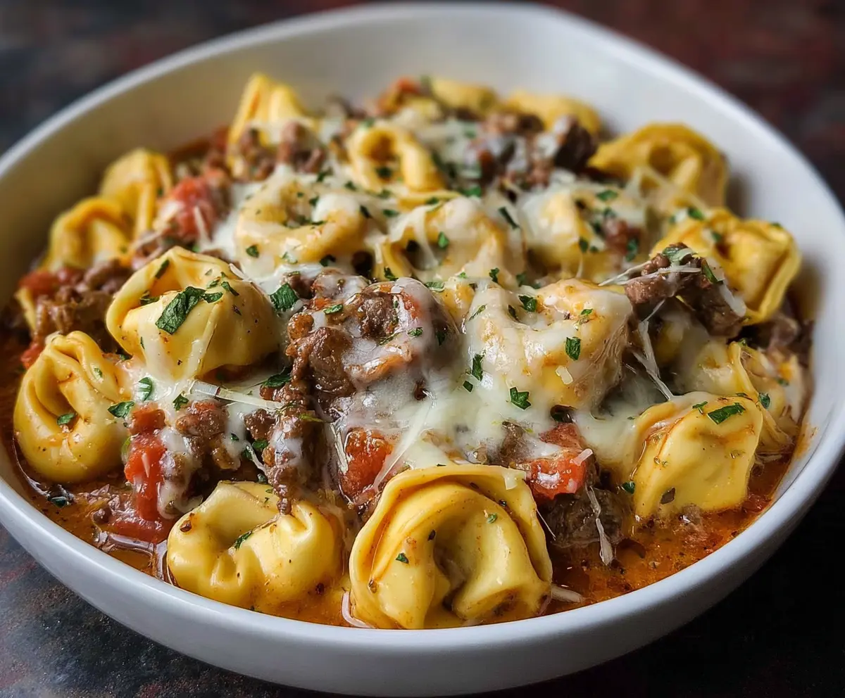 Delicious Cheesesteak Tortellini with melted cheese and savory beef in a flavorful sauce
