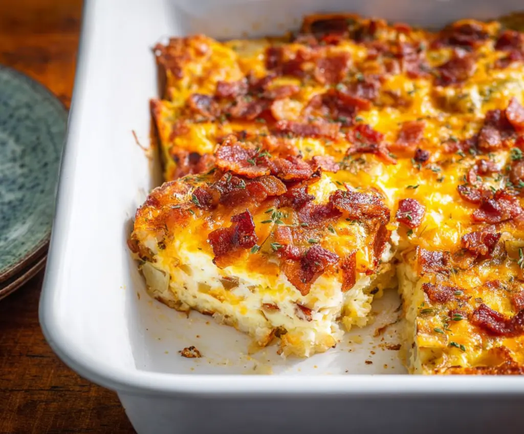 Delicious cheesy bacon and potato breakfast casserole served in a baking dish, perfect for brunch.