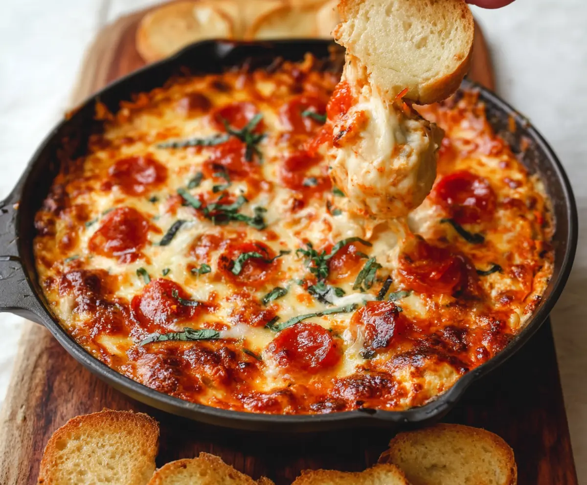 Delicious cheesy baked pizza dip with melted cheese and toppings, perfect for sharing at parties.