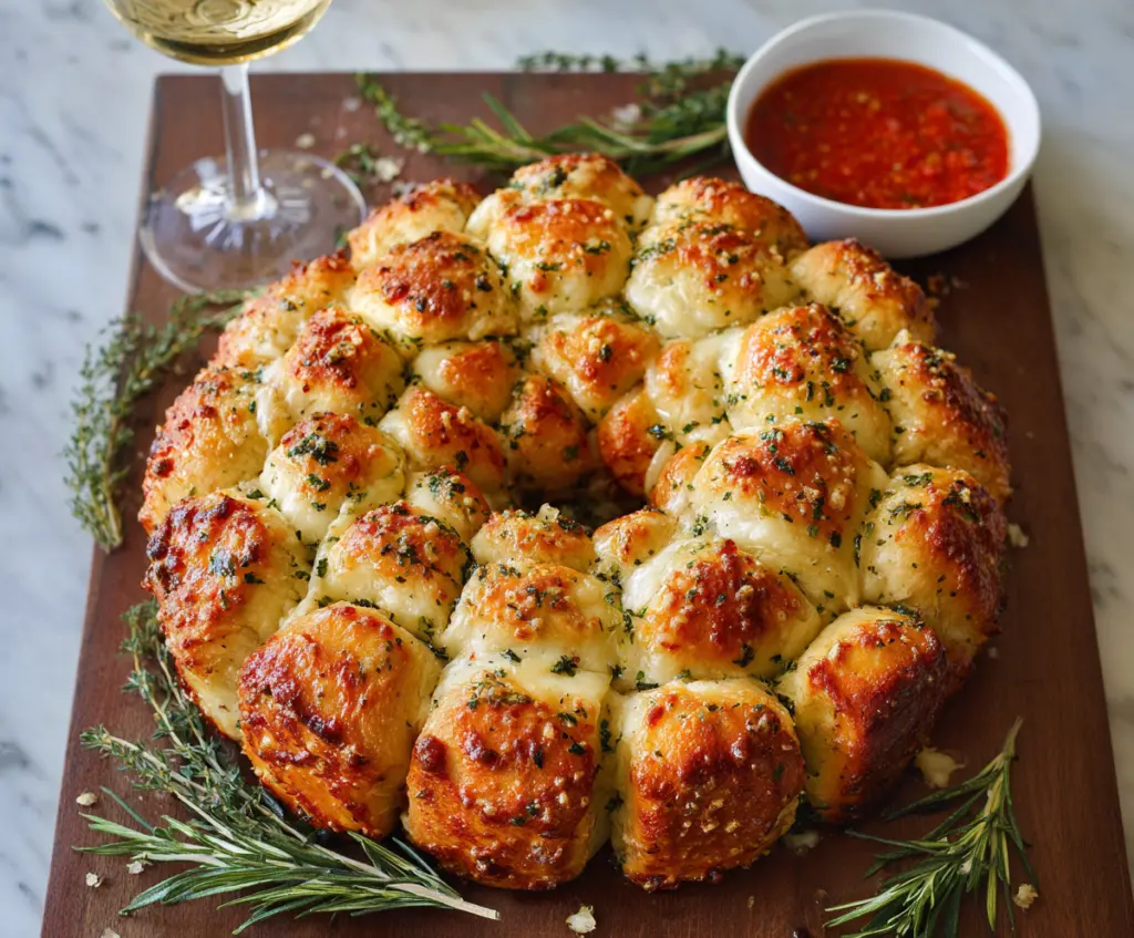 Delicious cheesy garlic pull-apart wreath fresh out of the oven, showcasing melted cheese and golden crust.