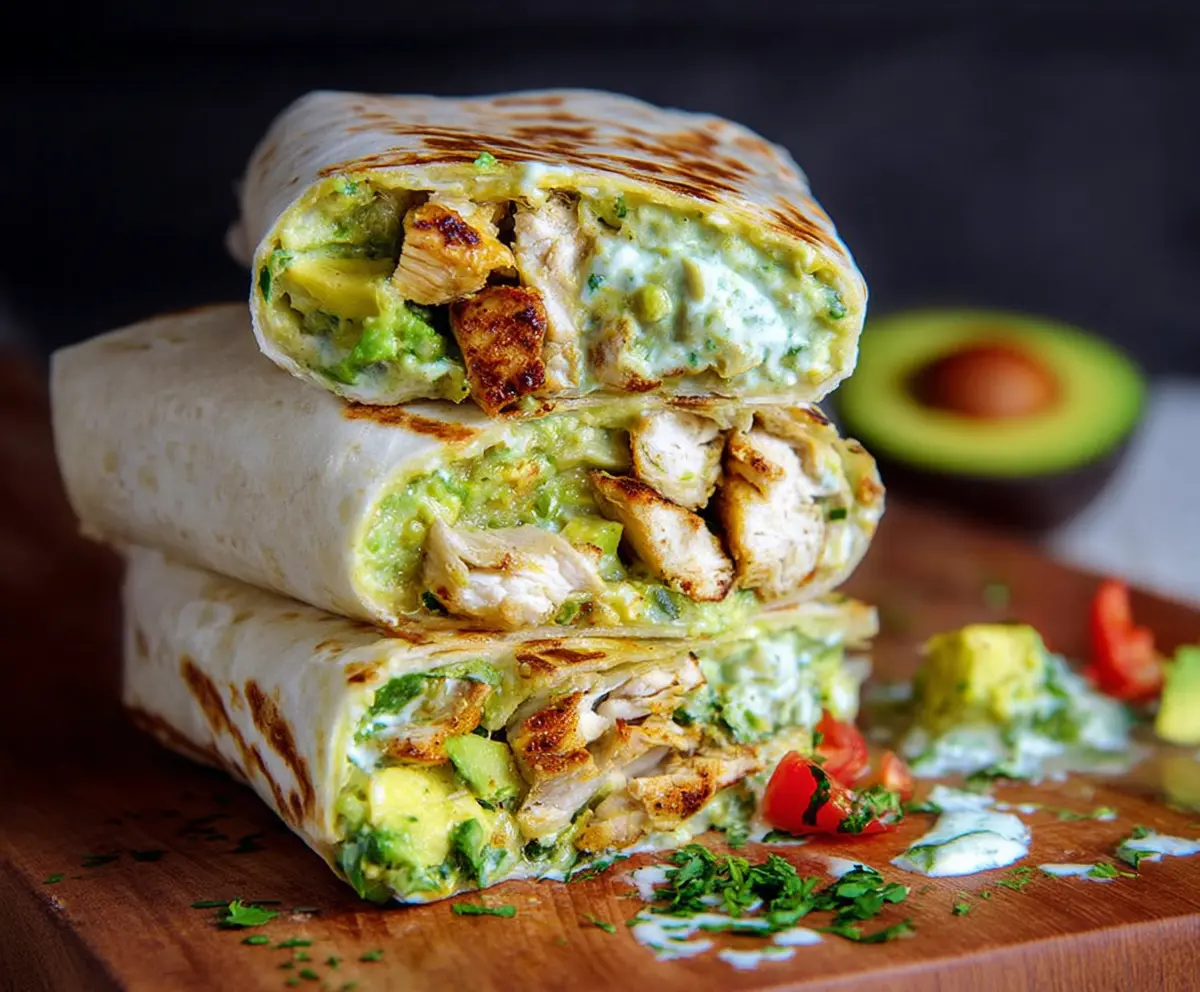 Delicious chicken and avocado burrito wrapped in a flour tortilla, perfect for a healthy meal.