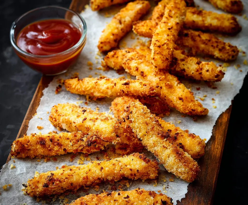 Crispy chicken fries served with dipping sauce on a plate.