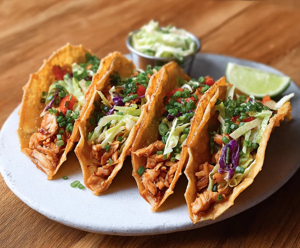Delicious Chicken Wonton Tacos with crispy wonton wrappers and savory chicken filling on a plate.