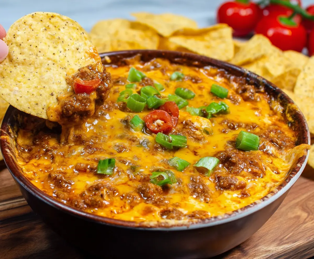 Delicious spicy chili cheese dip served with crispy tortilla chips