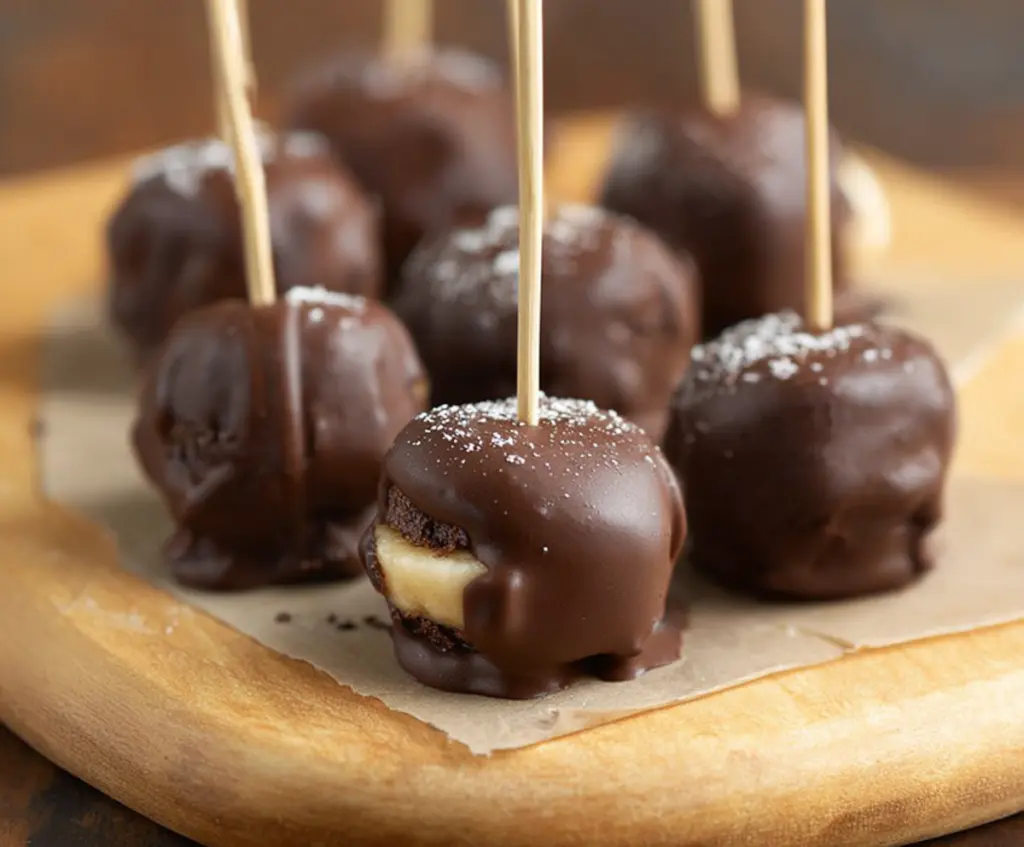 Delicious chocolate-covered banana bites on a white plate, perfect for a sweet treat or snack.
