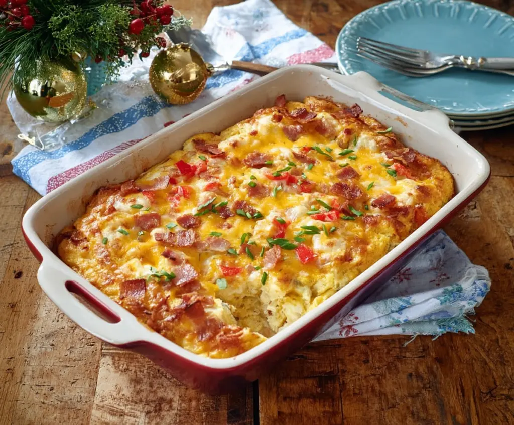 Delicious Christmas Breakfast Casserole with eggs, cheese, and breakfast sausage, perfect for holiday mornings