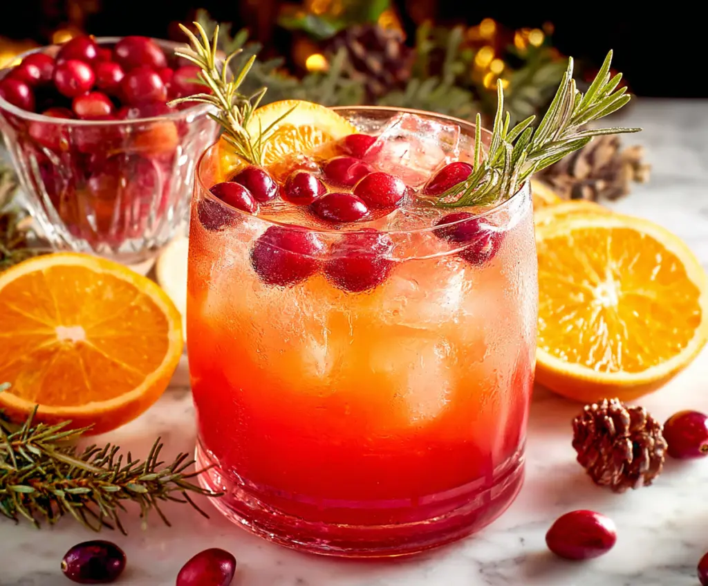 Festive Christmas Punch in a clear glass pitcher with colorful fruit garnishes for holiday celebration