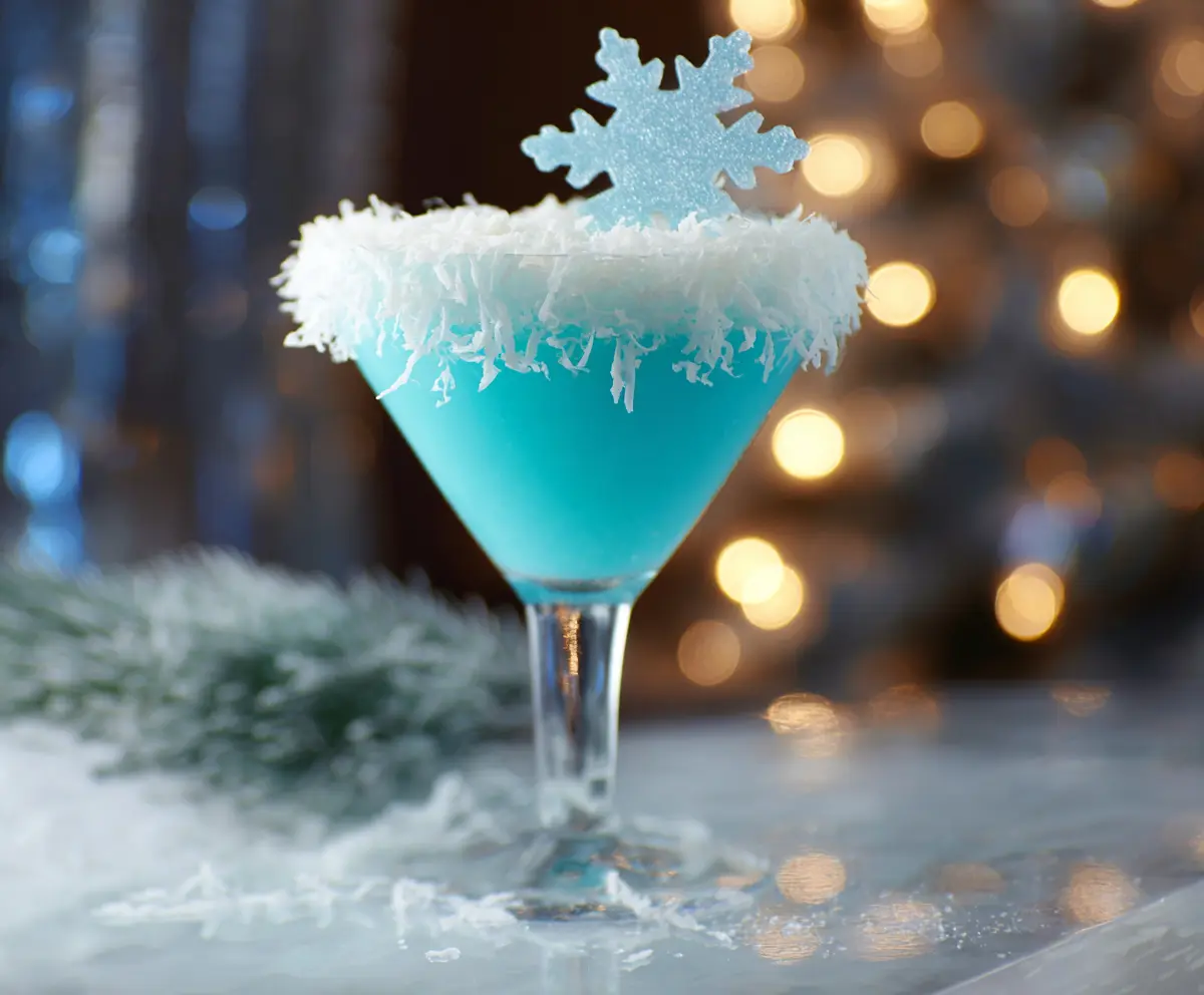 Festive Christmas Snowflake Cocktail with sparkling decorations and icy aesthetic