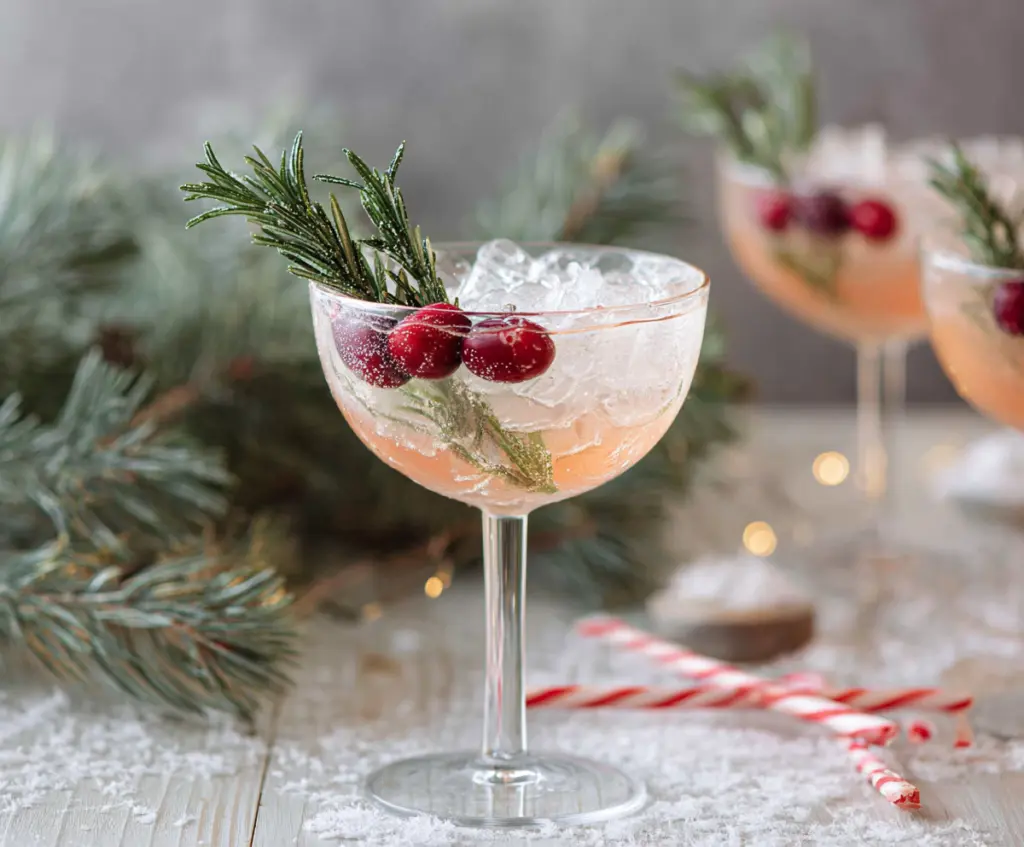 Festive Christmas Vodka Martini garnished with a cinnamon stick and holiday decorations