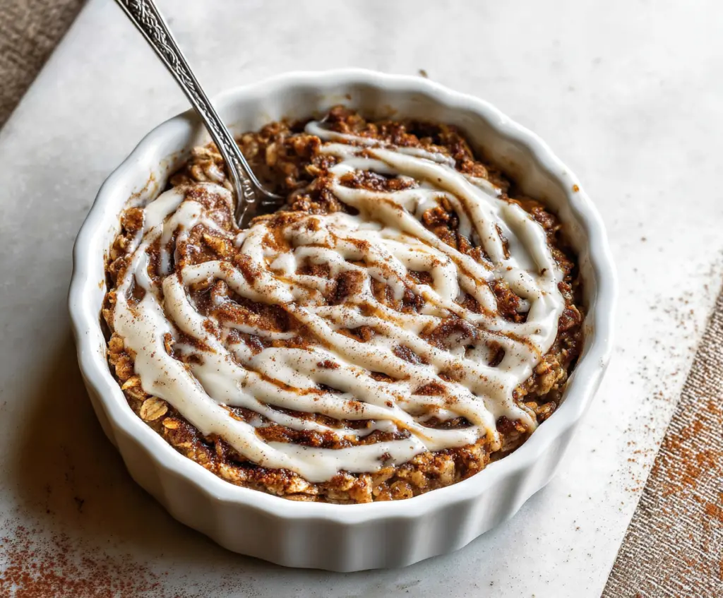 Delicious cinnamon roll baked oatmeal with swirls of cinnamon and icing topping.