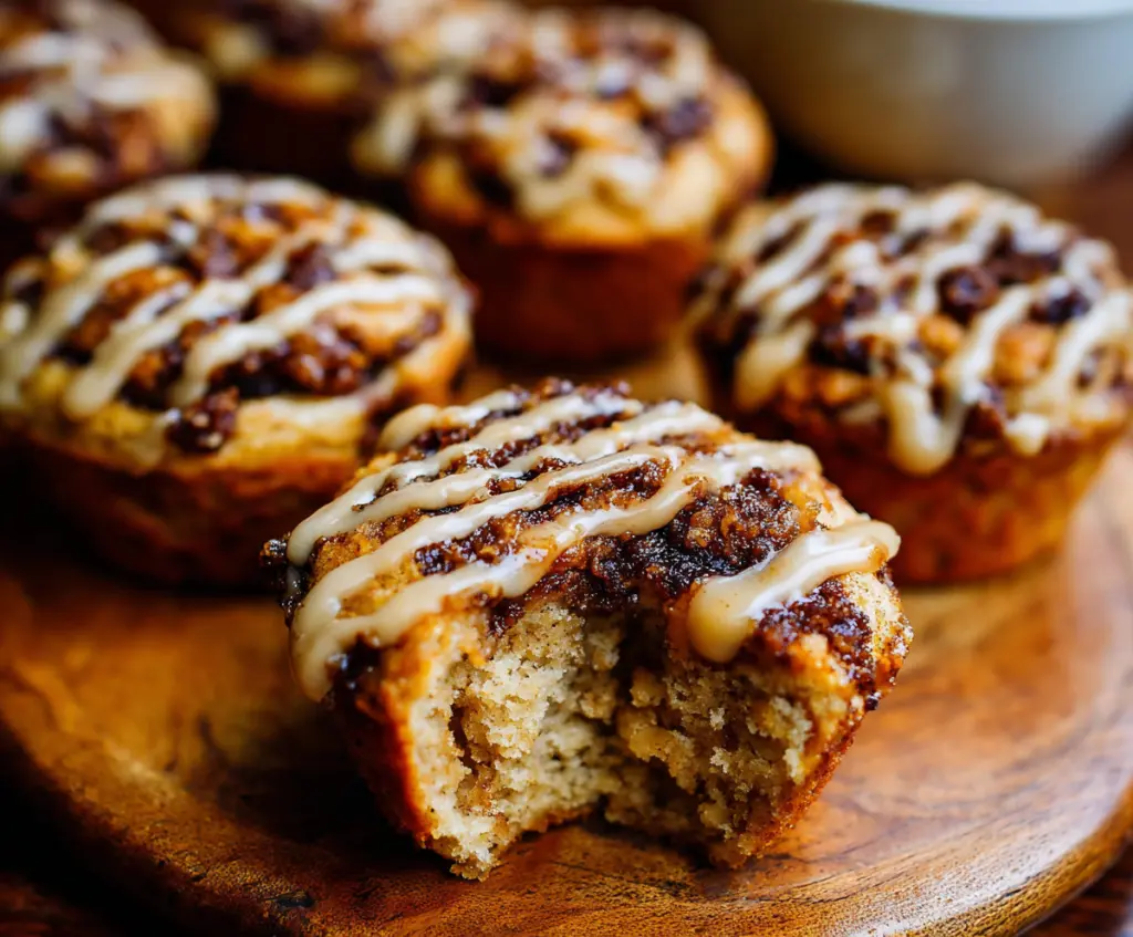 Delicious cinnamon roll protein muffins with swirls of cinnamon and creamy frosting, perfect for a healthy snack.