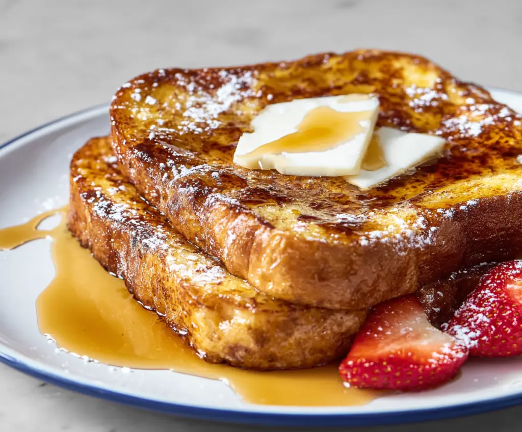 Golden-brown slices of classic French toast topped with powdered sugar and fresh berries on a white plate.