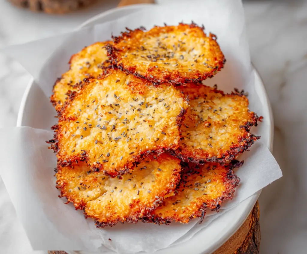 Crispy homemade cottage cheese chips served with fresh herbs for a healthy snack