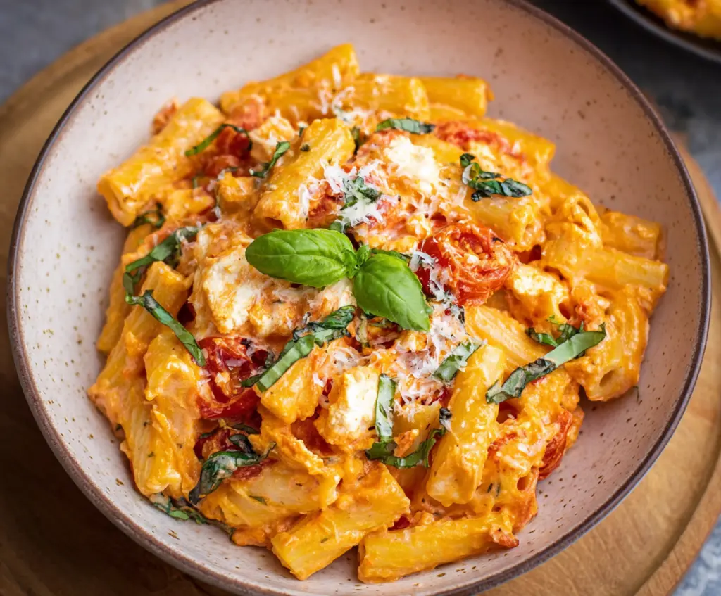 Creamy cottage cheese and fresh tomato pasta served on a plate, perfect for a healthy meal.