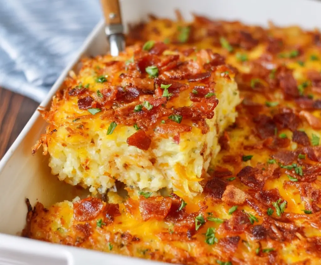 Delicious Crack Breakfast Casserole with crispy hashbrowns and melted cheese