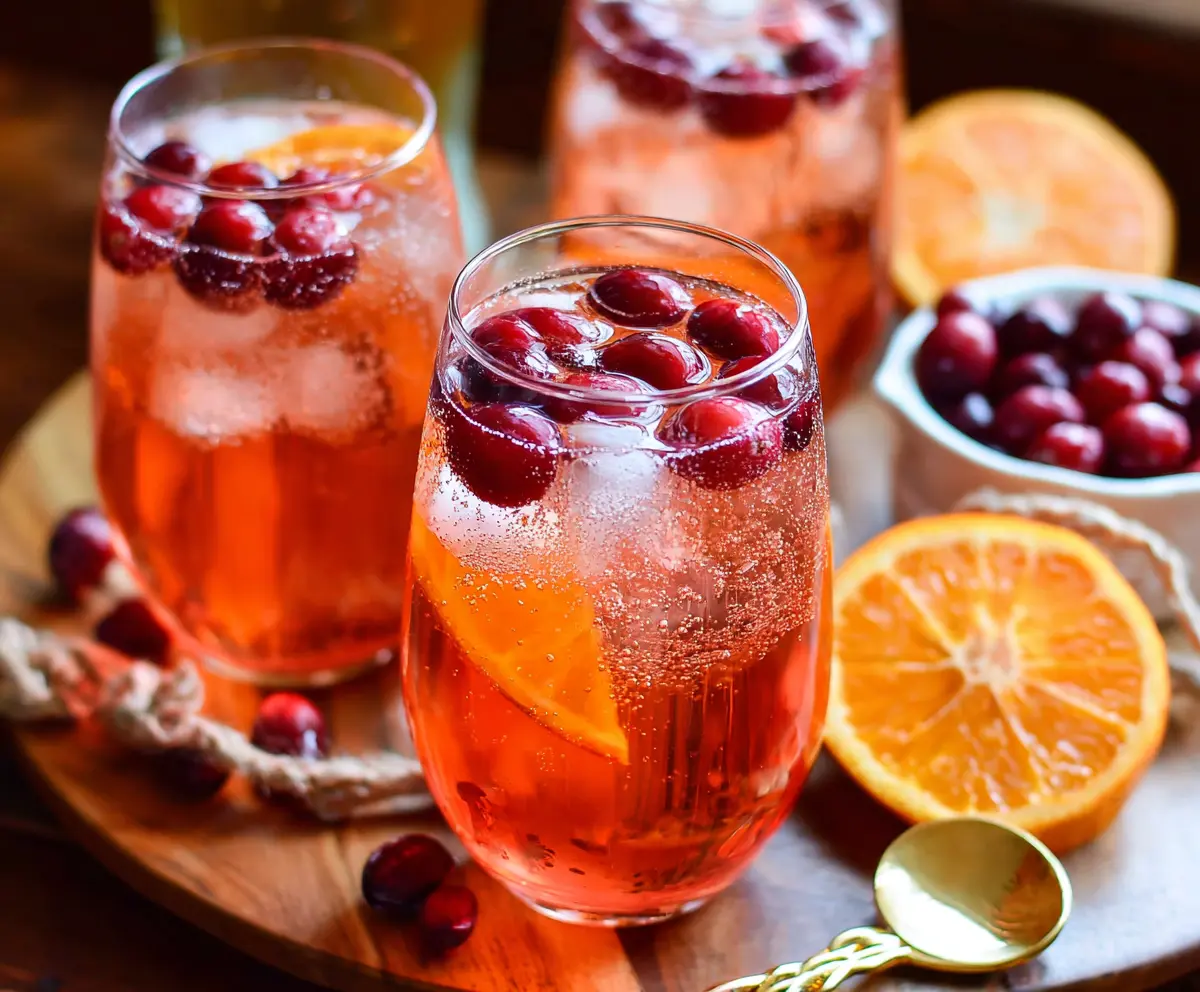 Fresh Cranberry Aperol Spritz cocktail served in a glass with garnished cranberries and orange slices.