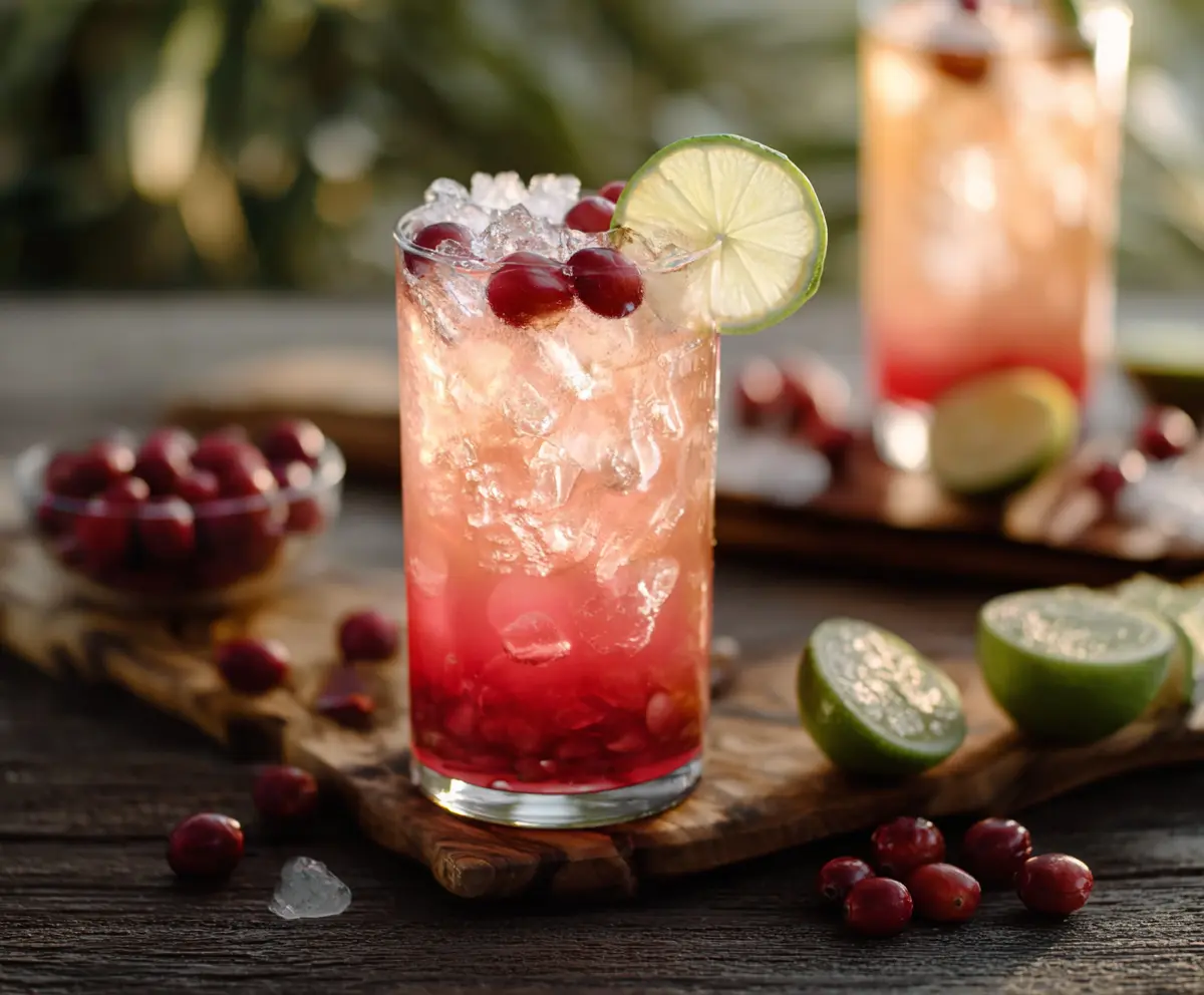 Refreshing Cranberry Ginger Paloma cocktail garnished with fresh cranberries and lime slice.