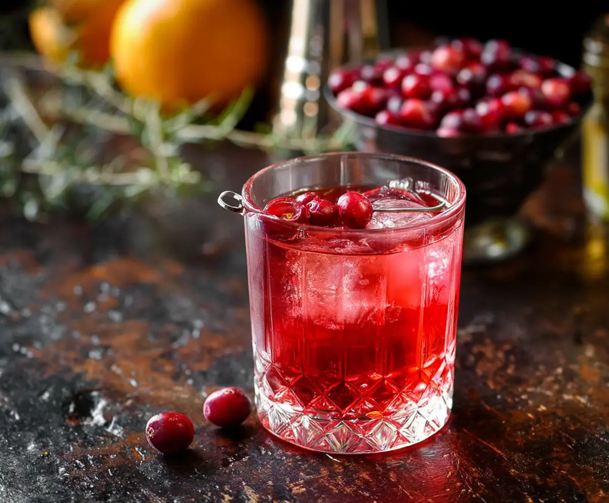 Glasses of Cranberry Negroni cocktail garnished with fresh cranberries and orange slices.