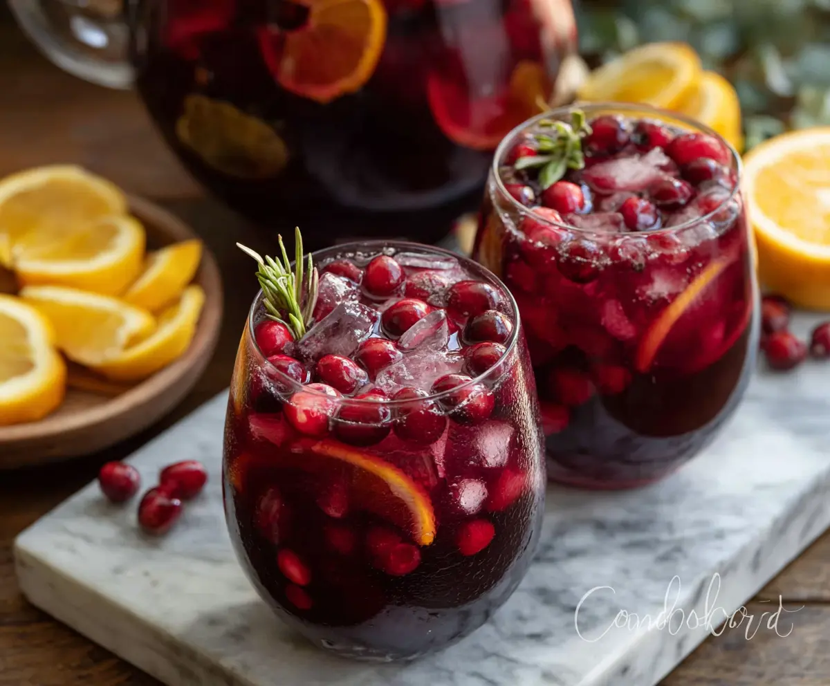 Refreshing Cranberry Sangria in a glass pitcher with fresh cranberries and citrus slices for a festive drink.