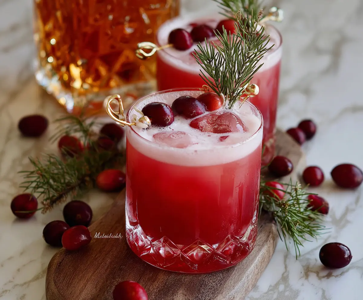 Refreshing Cranberry Whiskey Sour cocktail garnished with fresh cranberries and a lemon slice.