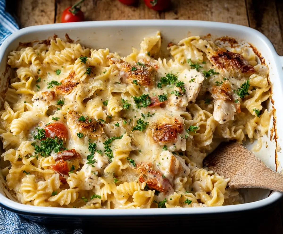 Delicious Creamy Chicken Alfredo Pasta Bake with melted cheese and tender chicken pieces