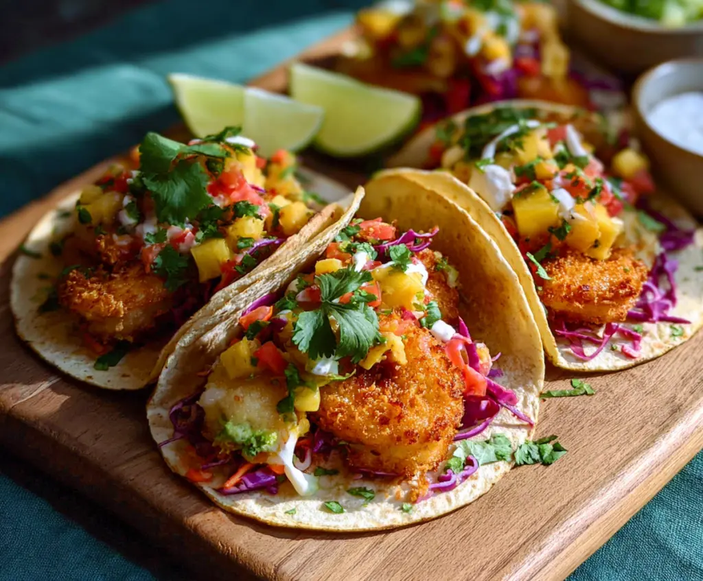 Crispy coconut shrimp tacos garnished with fresh herbs and served with lime wedges on a wooden platter.