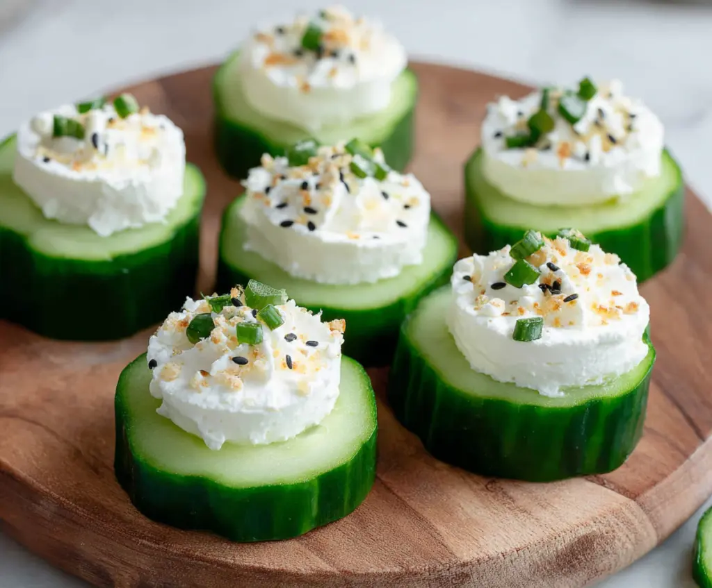 Delicious cucumber and cream cheese bites garnished with herbs on a white plate