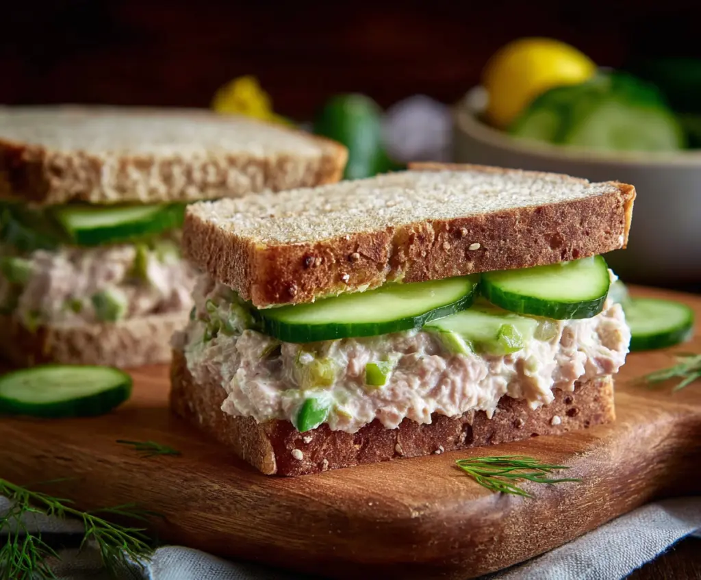 Fresh cucumber and tuna sandwich on whole wheat bread, healthy and delicious lunch option.