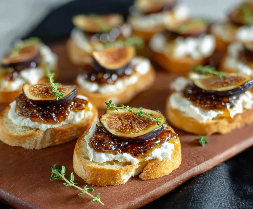 Delicious fig jam and goat cheese crostini on a rustic wooden platter, perfect for appetizers