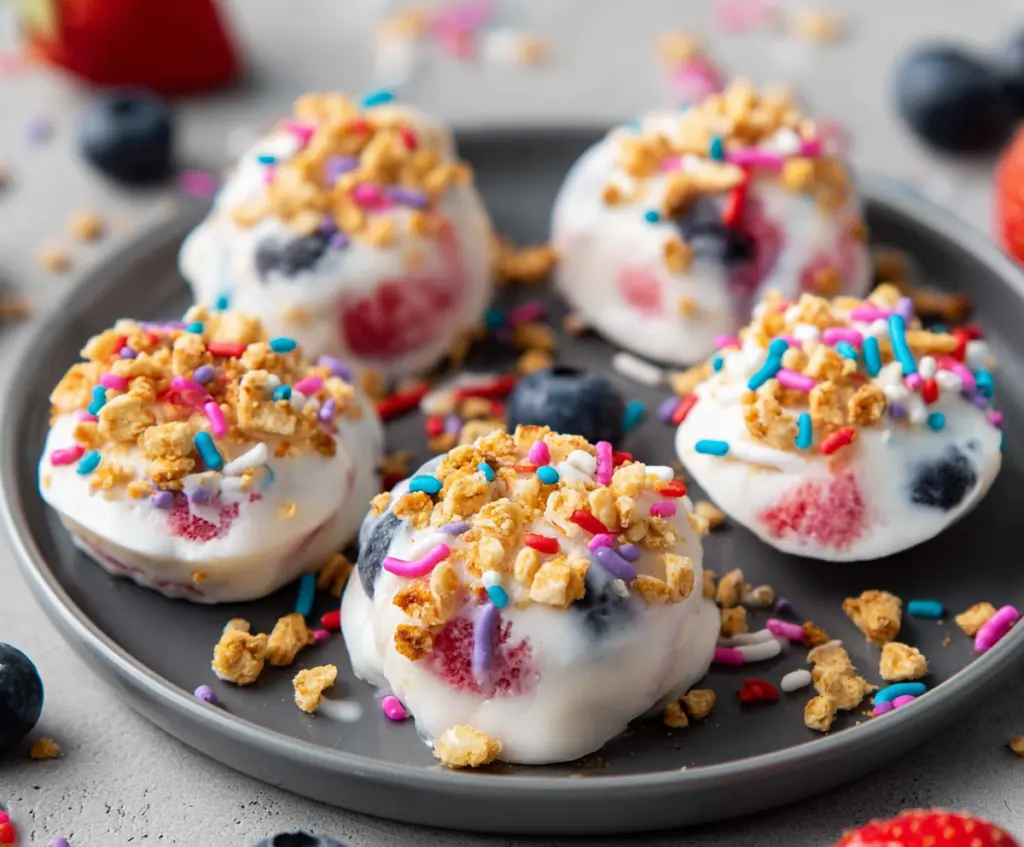 Delicious frozen yogurt bites with colorful fruit toppings for a healthy snack.