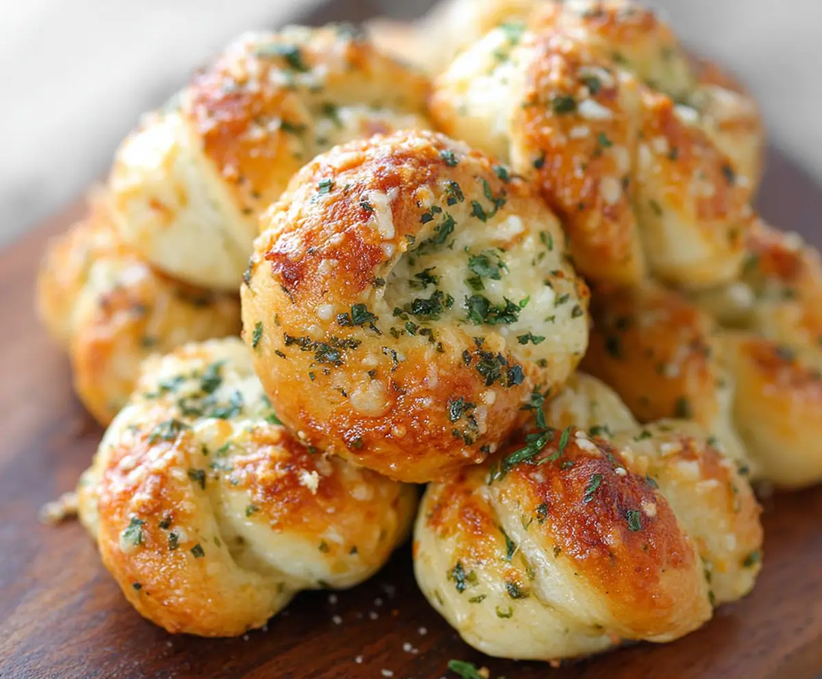 Golden garlic Parmesan knots fresh out of the oven, glazed with garlic butter and sprinkled with Parmesan cheese.