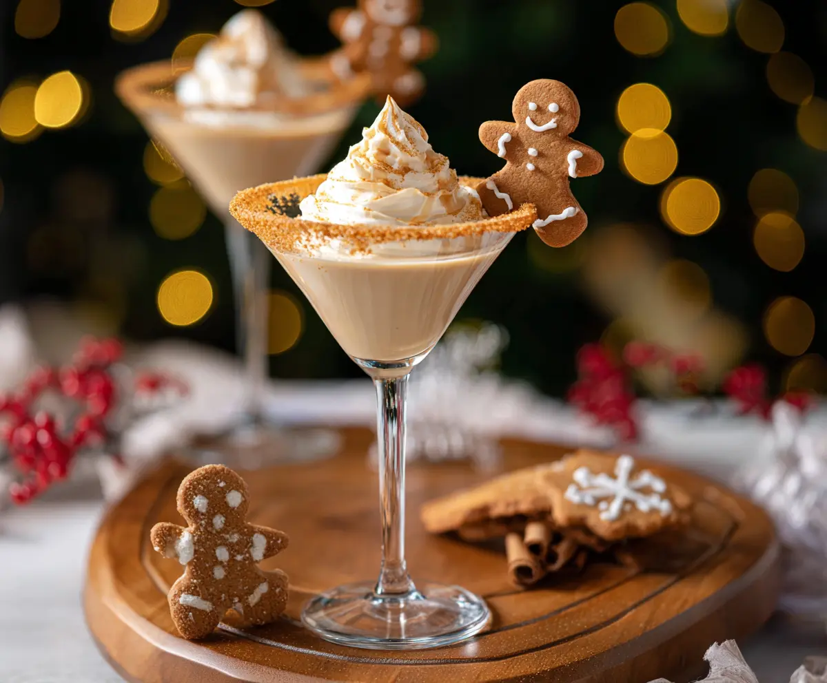 Cocktail Glass Filled with a Spiced Gingerbread Martini Garnished with Gingerbread Cookie