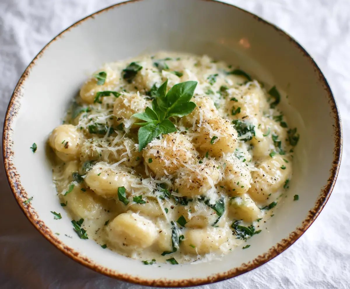 Creamy Gnocchi Alfredo served on a white plate topped with parsley