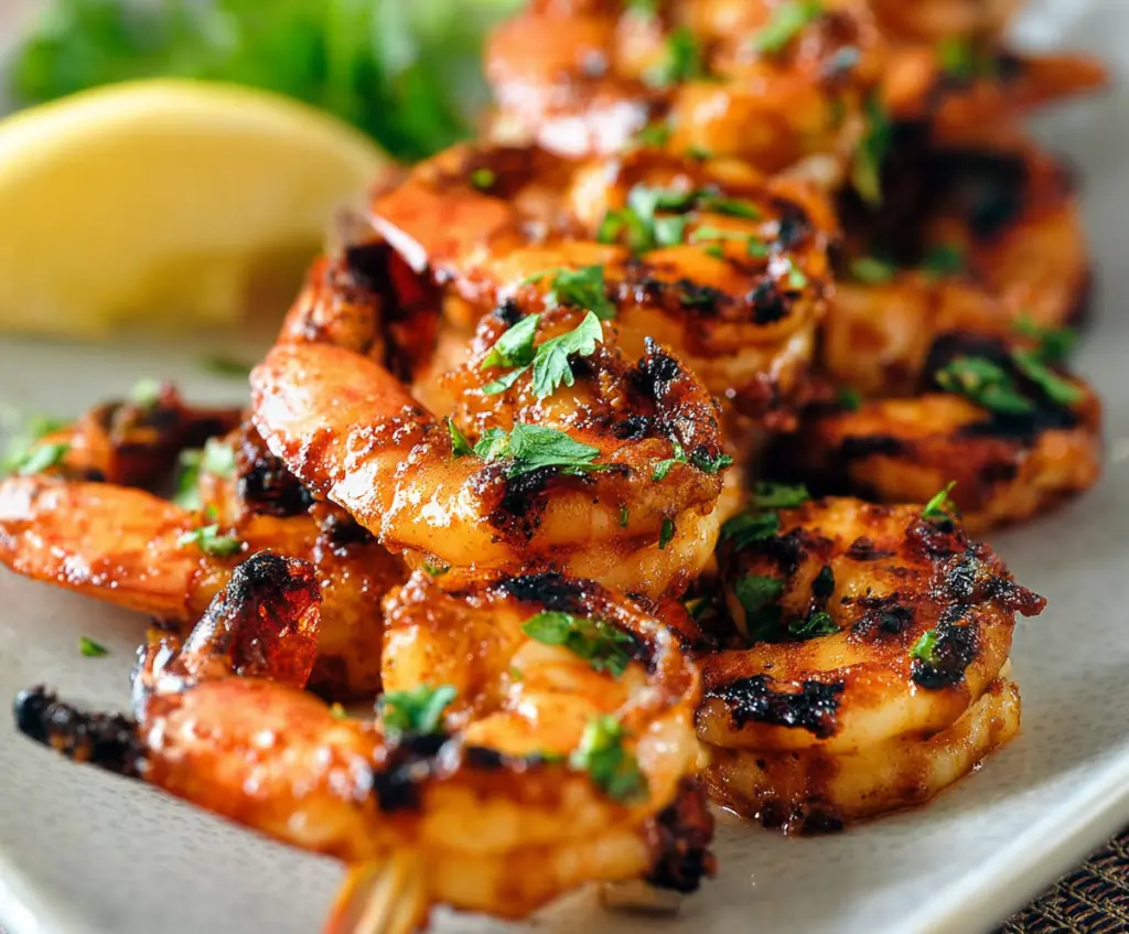 Delicious grilled spicy shrimp served on a plate with lemon wedges for a flavorful seafood dish.