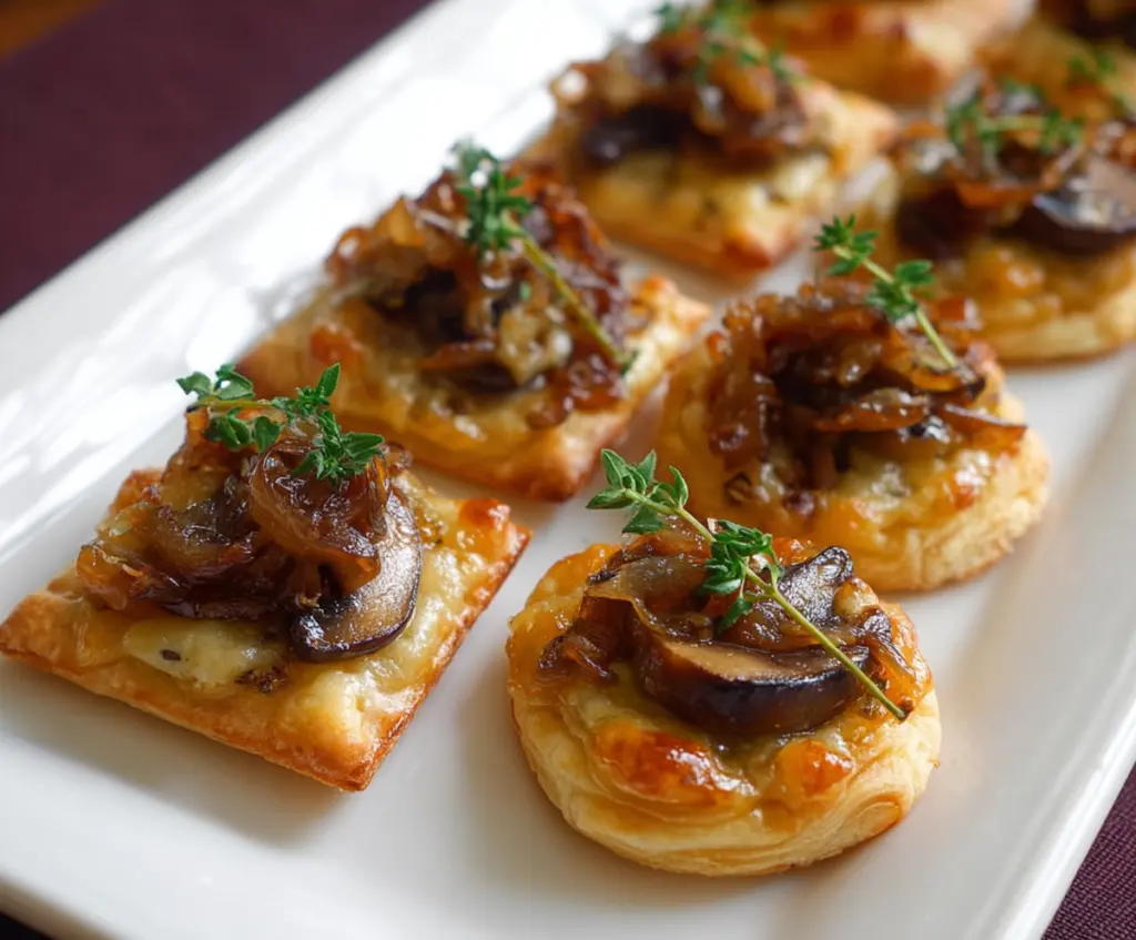 Delicious Gruyere mushroom and caramelized onion bites served on a white platter