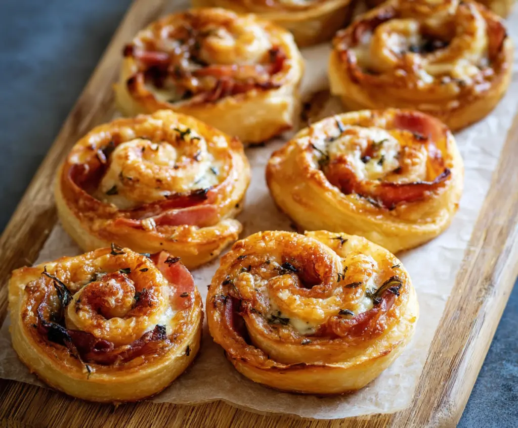 Delicious ham and cheese pinwheels freshly baked with golden crust